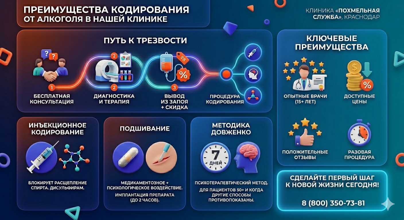 Инфографика о методах кодирования от алкоголя в Усть-Куте: инъекции, подшивание, метод Довженко. Преимущества клиники и этапы лечения.