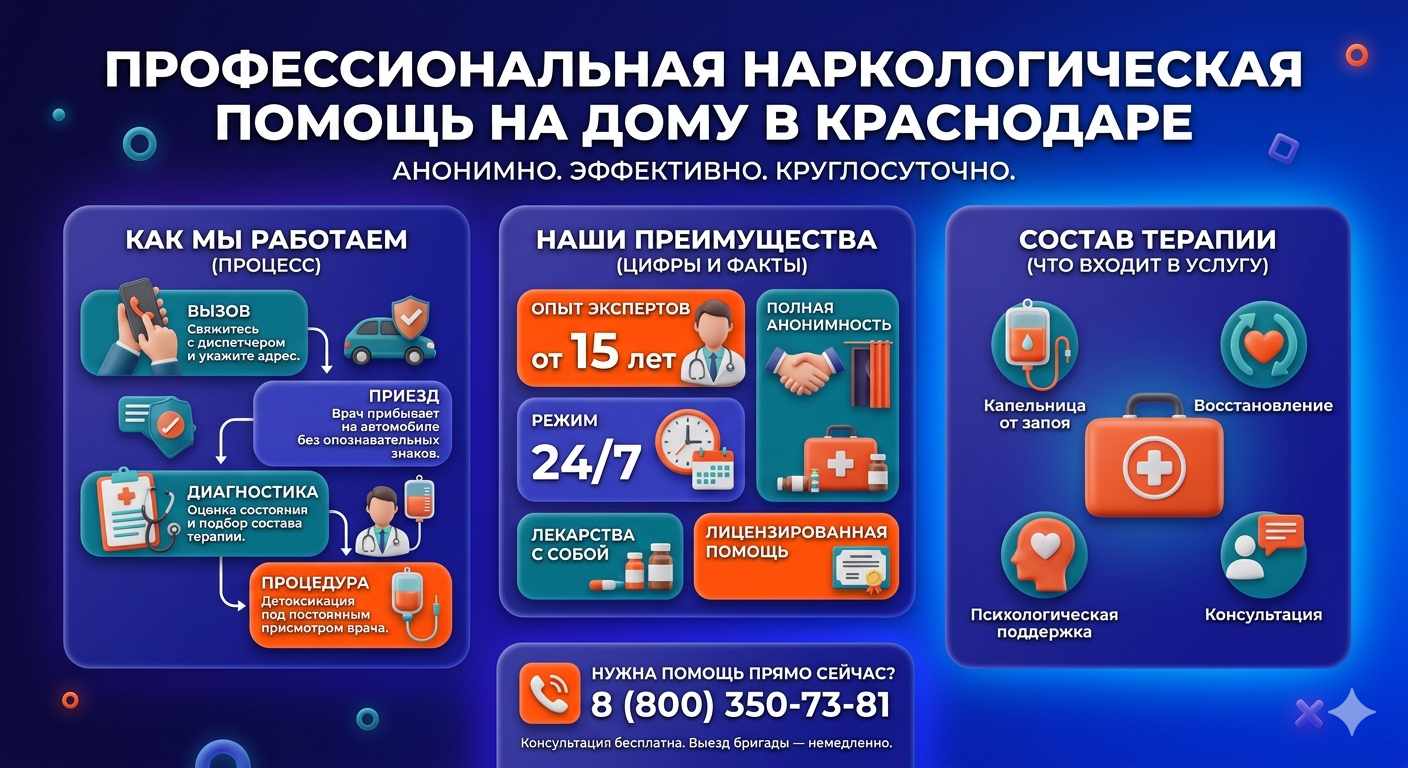 Инфографика о принципах лечения алкоголизма на дому в Усть-Куте: этапы вызова нарколога, преимущества анонимной детоксикации и состав медицинской помощи.